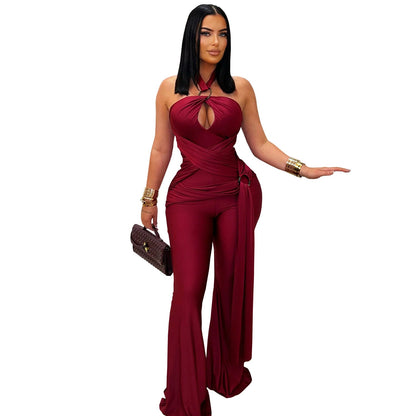 Women Wear Solid Color Elegant Halter Wide Leg Arm Covering Jumpsuit by Ragazza