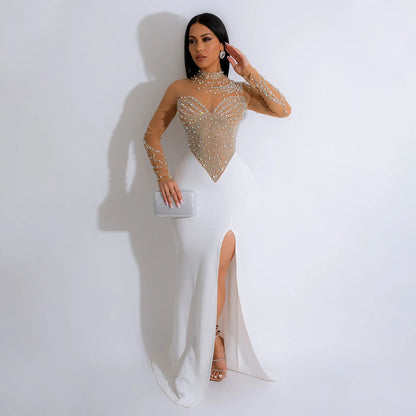 Round Neck Long Sleeve High Slit Rhinestone See through Dress Women Solid Color Party Evening Dress by Ragazza