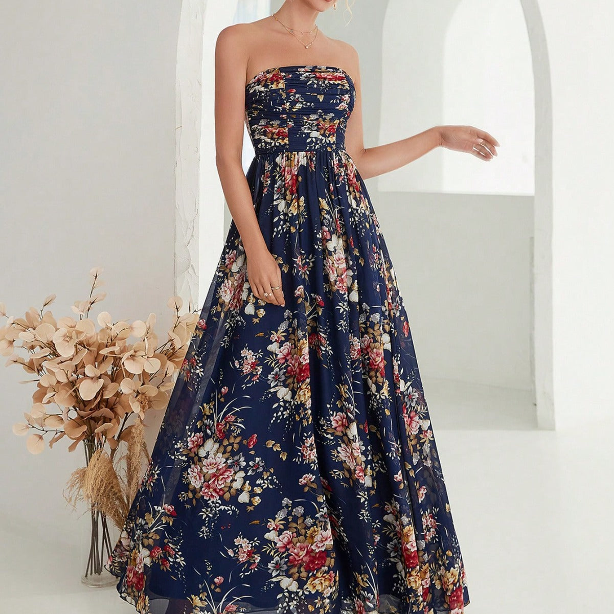 Printed Chiffon Tube Top Elegant Evening Dress Women Ball Gown Party Bridesmaid Spring Direct Supply A line Dress by Ragazza