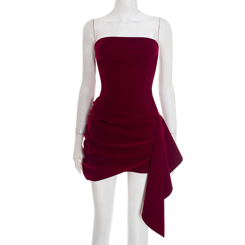 Women Clothing Winter Solid Color Elegant Graceful Suede Simple Tube Top Ribbon Short Dress by Ragazza