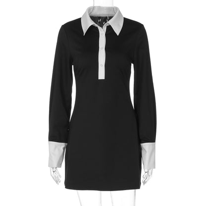 Women Autumn Stitching Contrast Color Polo Collar Slim Slimming Fashionable Short Temperamental Dress by Ragazza