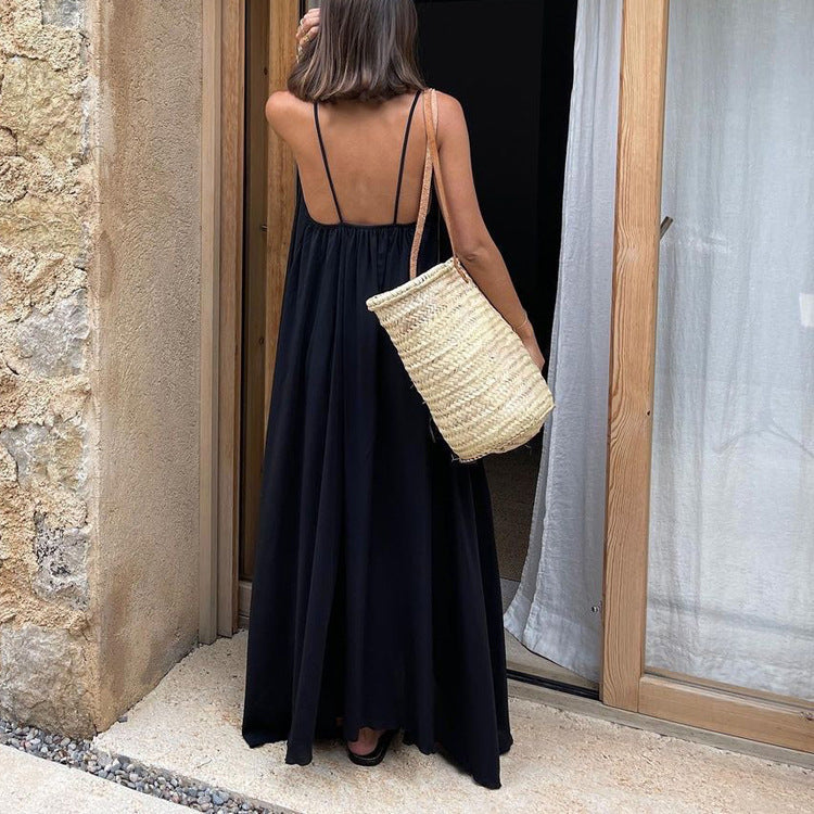 Women Clothing Fashionable Sleeveless Cami Dress Simple Graceful Backless Loose Black Dress by Ragazza