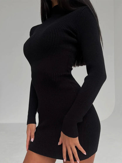 Long Sleeve Knitted Dress Autumn Winter Hollow Out Cutout Sexy Skinny Short Dress by Ragazza