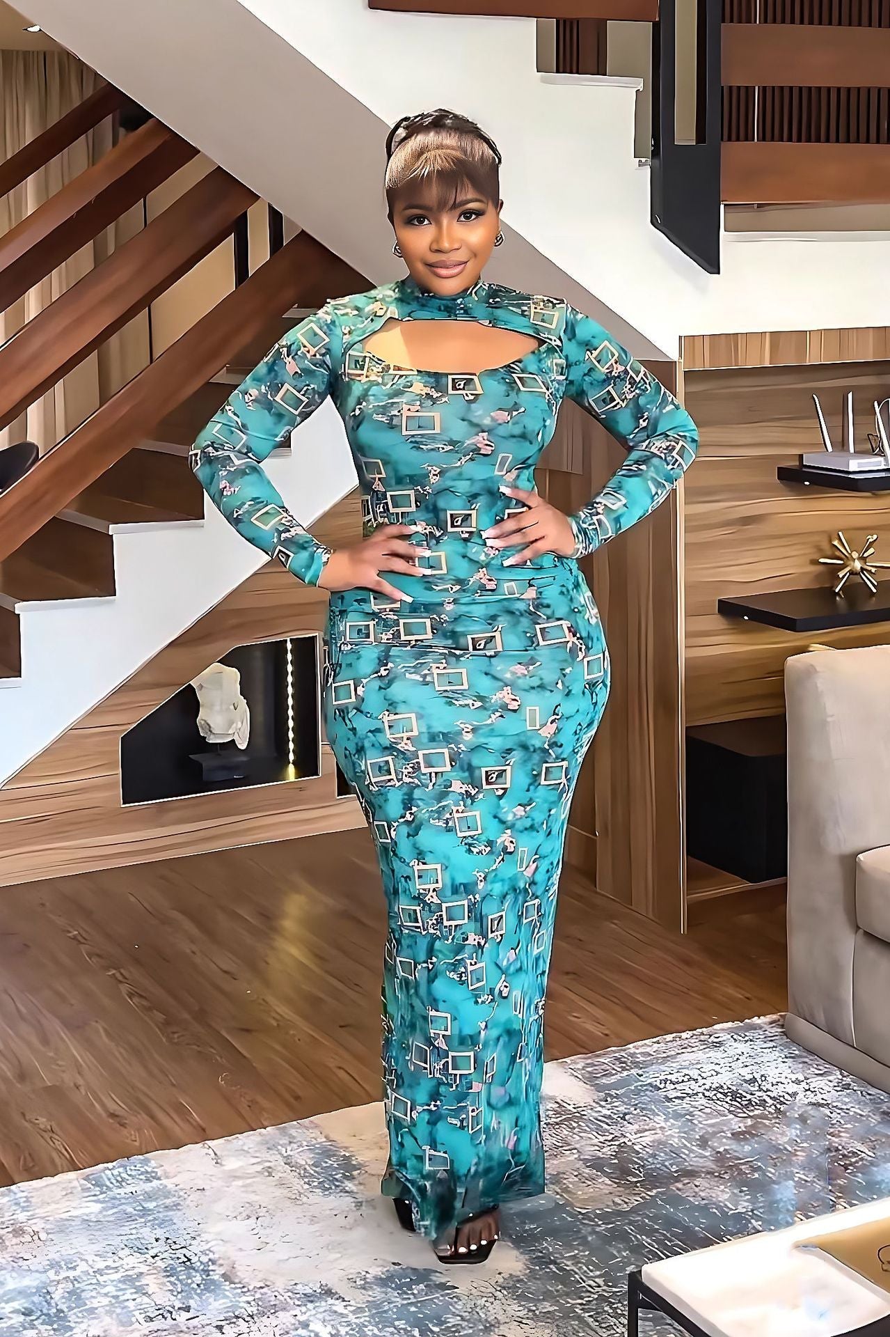 Elegant Turtleneck Long Sleeve Slim Women Clothing Split Print Maxi Dress by Ragazza