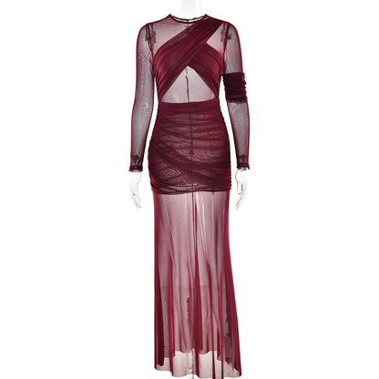 Sexy Mesh See through Maxi Dress Long Sleeve Sexy Pleated Slim Fit Dress by Ragazza