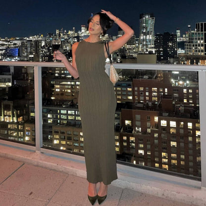 Covering Yarn Slimming Sleeveless Knitted Maxi Dress Casual Waist Tight Messy Sunken Stripe Maxi Dress Women by Ragazza