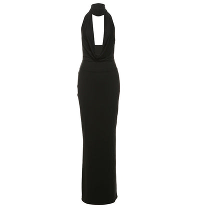 Women Clothing Autumn Winter Elegant Sexy Halter V neck Backless Side Slit Dress by Ragazza