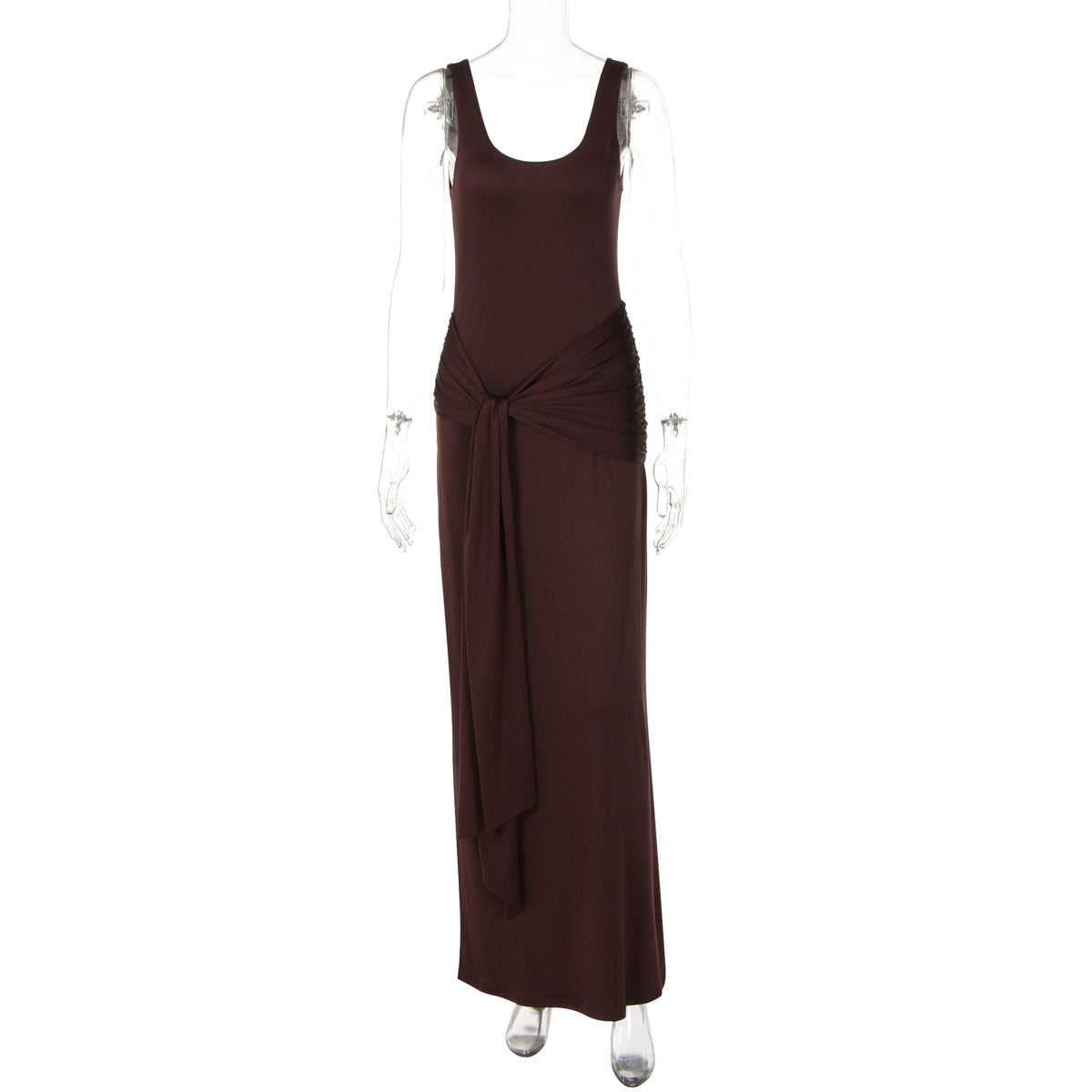 Women Trend Solid Color U Collar Sleeveless Vest Waist Trimming Lace up Tight Dress by Ragazza