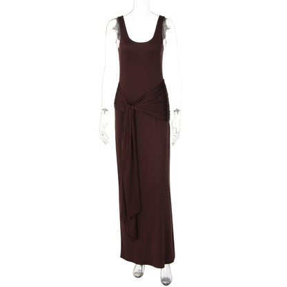 Women Trend Solid Color U Collar Sleeveless Vest Waist Trimming Lace up Tight Dress by Ragazza
