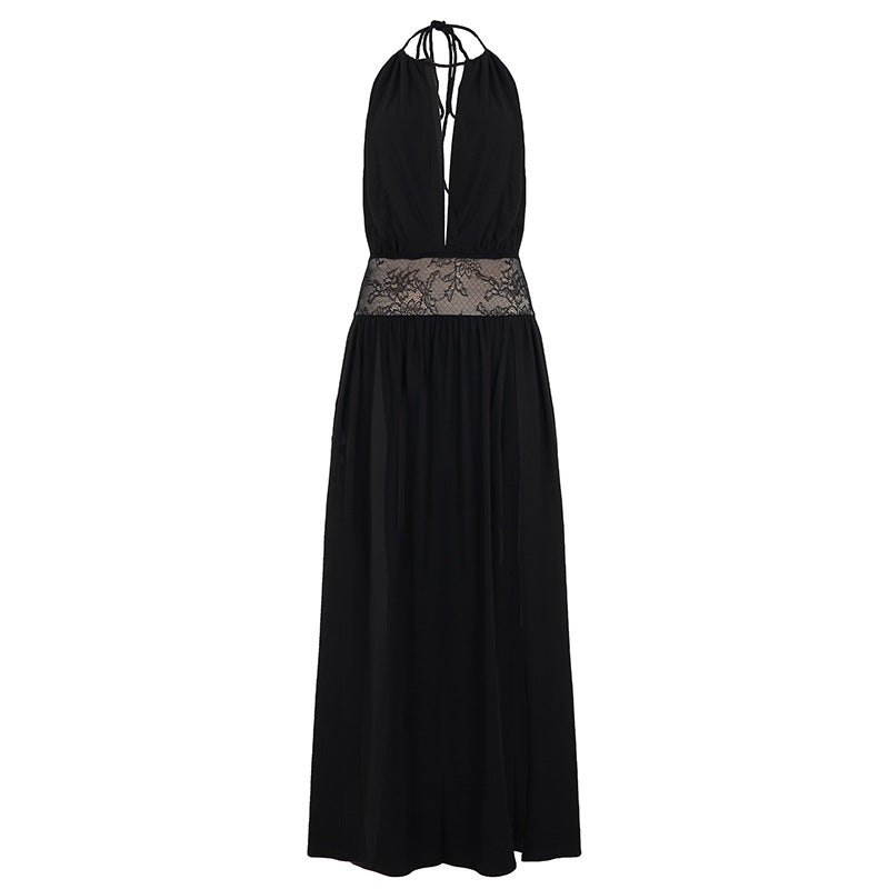 Elegant Graceful Women Halter Dress Backless Lace Hollow Out Cutout Split Lace up Maxi Dress by Ragazza