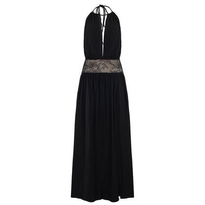 Elegant Graceful Women Halter Dress Backless Lace Hollow Out Cutout Split Lace up Maxi Dress by Ragazza