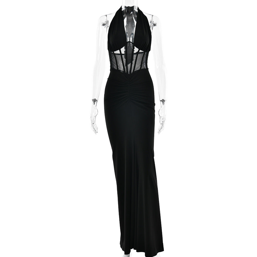 Elegant Women Lace up Maxi Dress Sexy Backless Pleated Sheath Dress by Ragazza