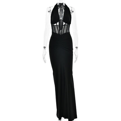 Elegant Women Lace up Maxi Dress Sexy Backless Pleated Sheath Dress by Ragazza