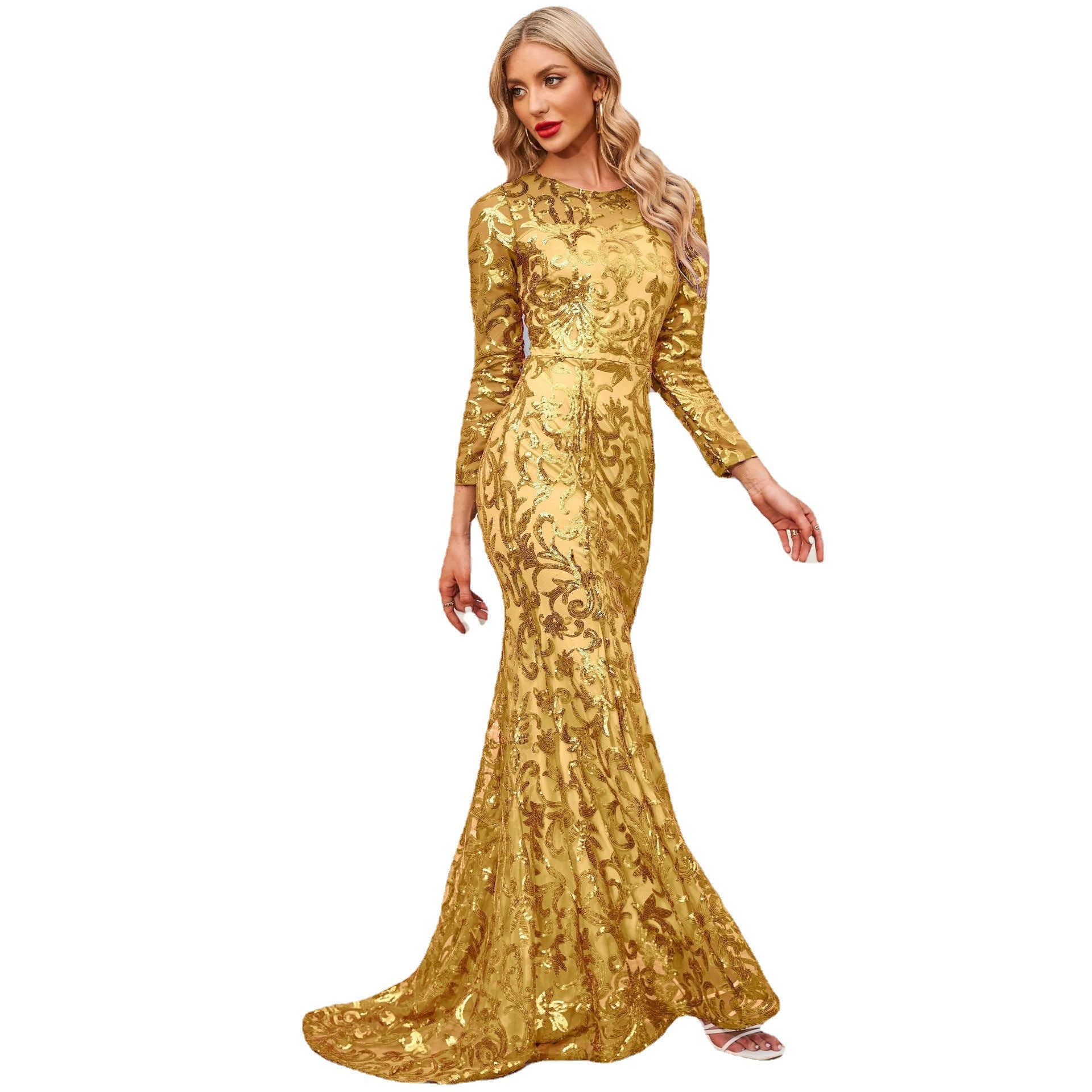 Spring Autumn Sequined Dress Purple Crew-Neck Long Evening Dress Long Sleeve Dress by Ragazza