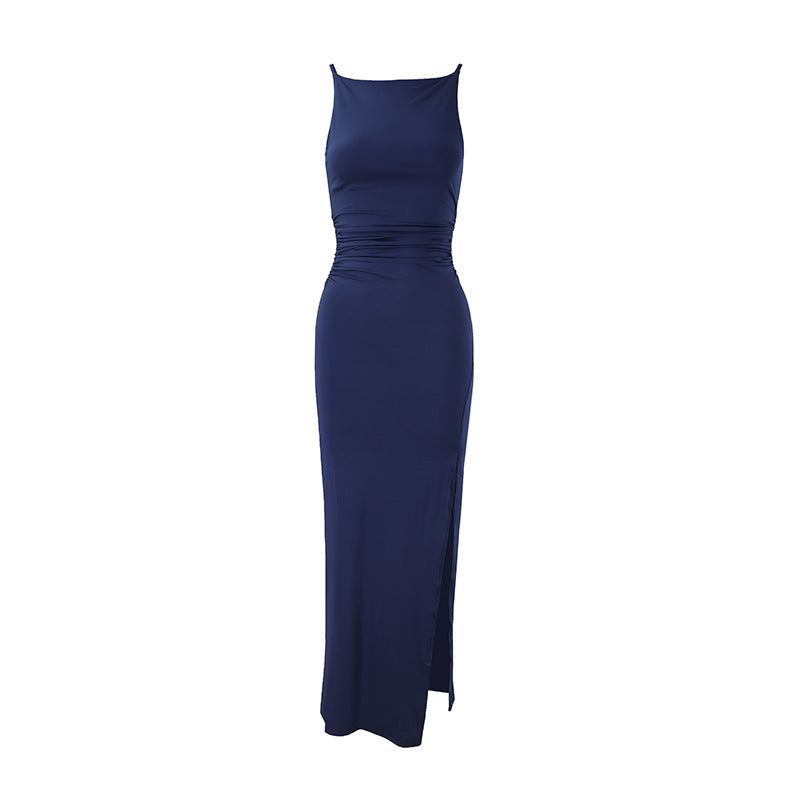 Women Clothing Summer Suspender off Neck Pleated Side Slit Elegant Dress by Ragazza