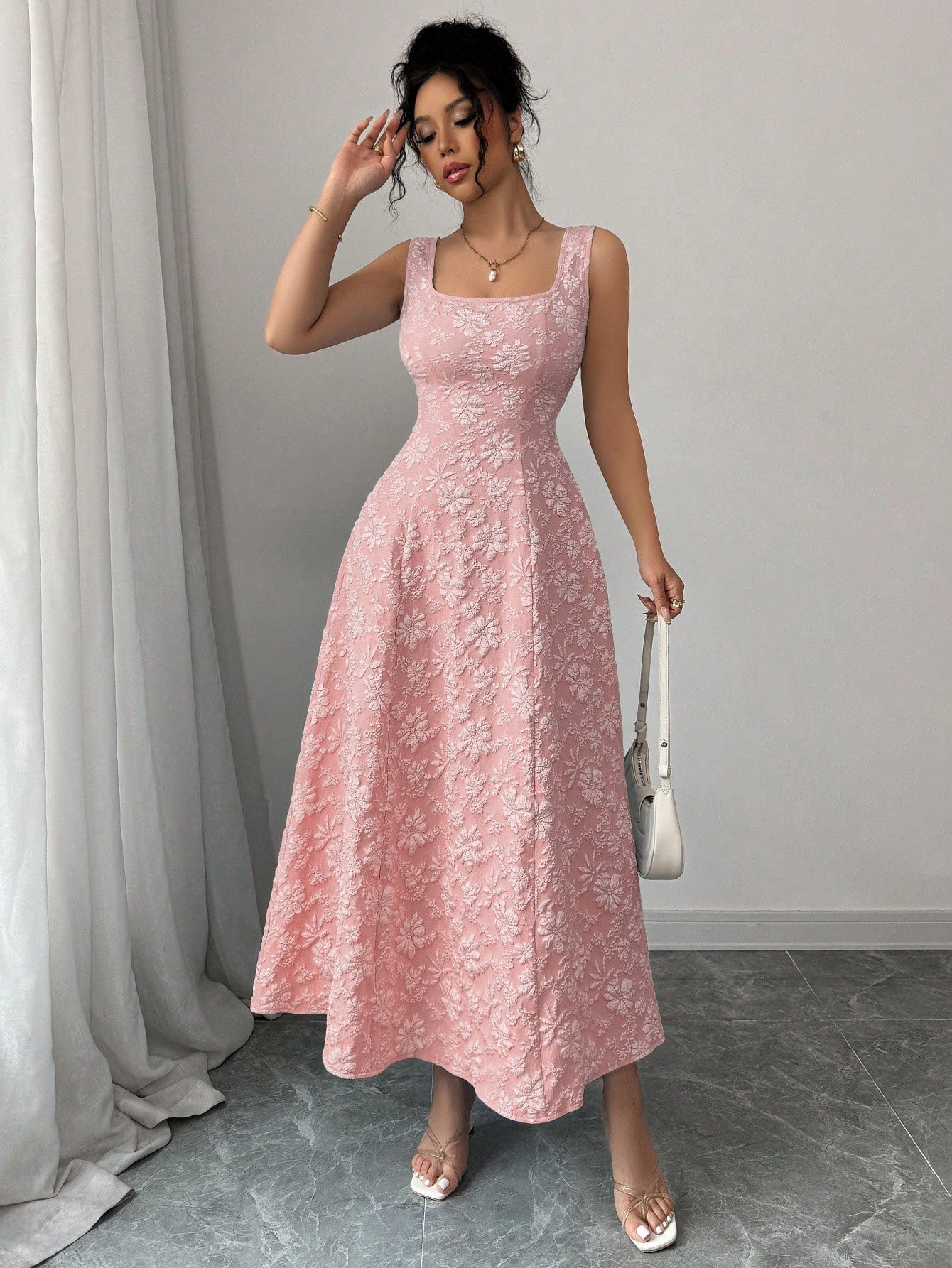 Popular Summer Vest Pullover Square Collar Jacquard Floral Swing Elegant Dress by Ragazza