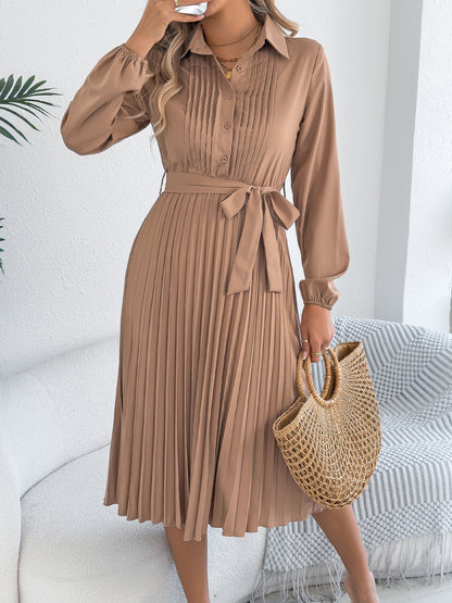 Spring Summer Elegant Solid Color Collared Long Sleeve Cinched Pleated Dress Women Clothing by Ragazza