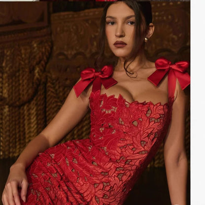 Spring Summer Entry Lux Bow High Sense Embroidered Hollow Out Cutout Sheath Dress by Ragazza