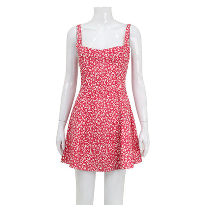 Summer Women Printing Slip Dress Square Collar Backless Fresh Sweet Floral A Line Dress by Ragazza