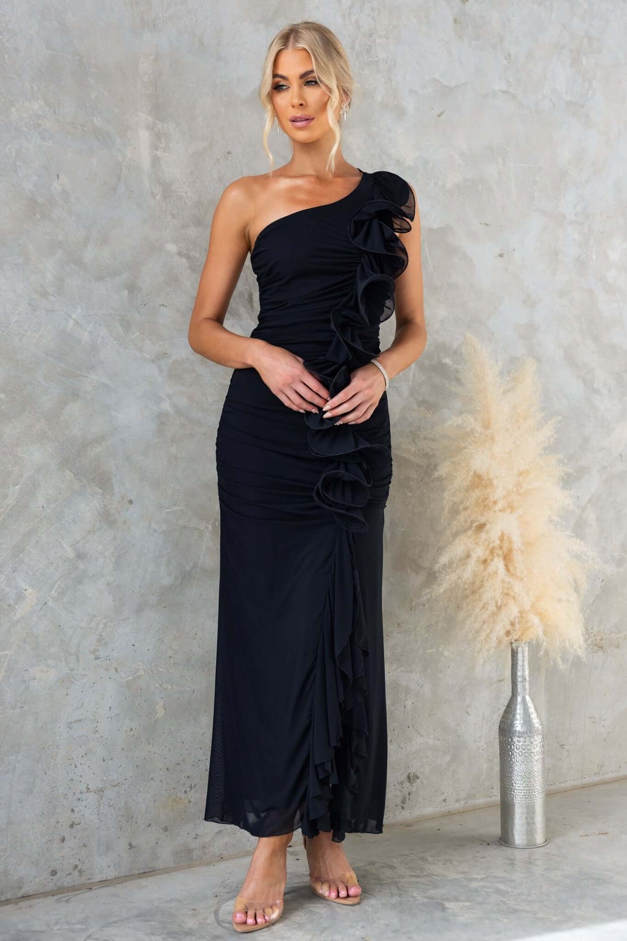 Summer Slant Shoulder Sexy Pleated High Slit Slim Fit Dress by Ragazza