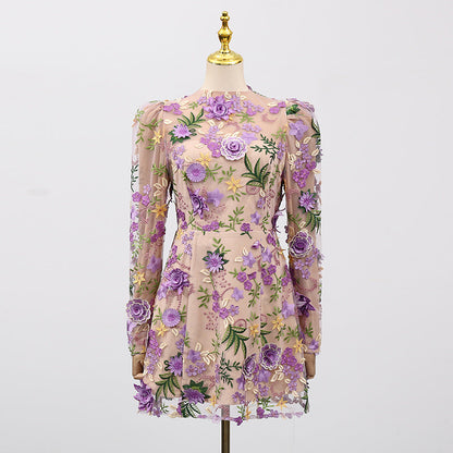 Heavy Industry Three Dimensional Floral Embroidered Slim Long Sleeve Short Dress Women by Ragazza