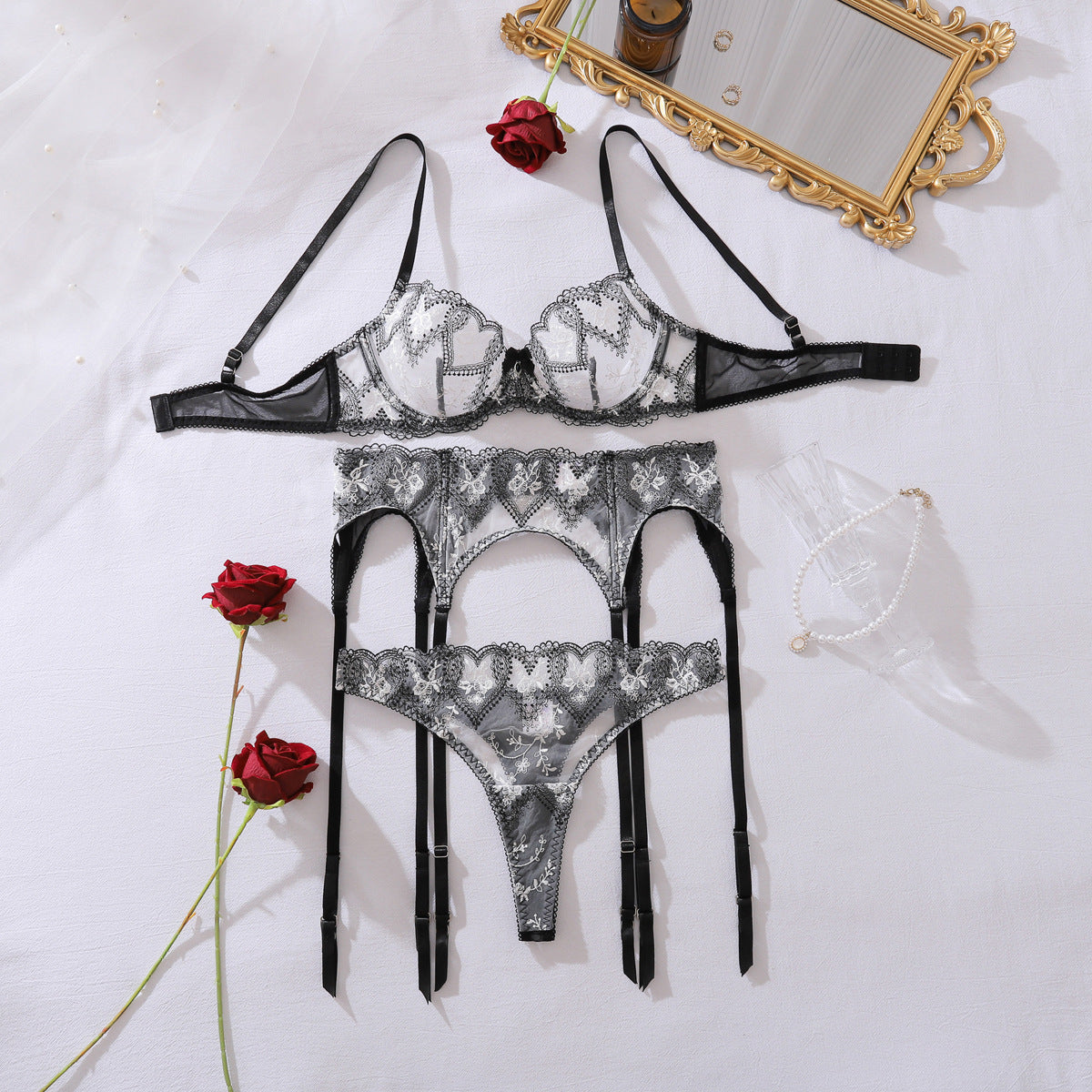 Love Contrast Color See through Embroidery Body Shaping Sexy Three Point Underwear Split Set by Ragazza