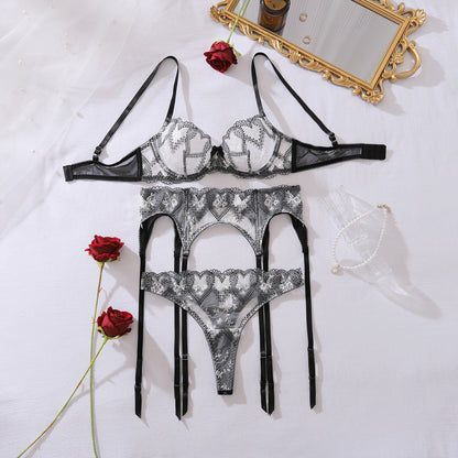 Love Contrast Color See through Embroidery Body Shaping Sexy Three Point Underwear Split Set by Ragazza