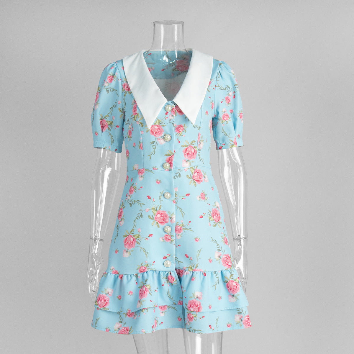 French V neck Puff Sleeve Dress Summer Waist Trimming Printing Short Dress Ruffled Dress by Ragazza