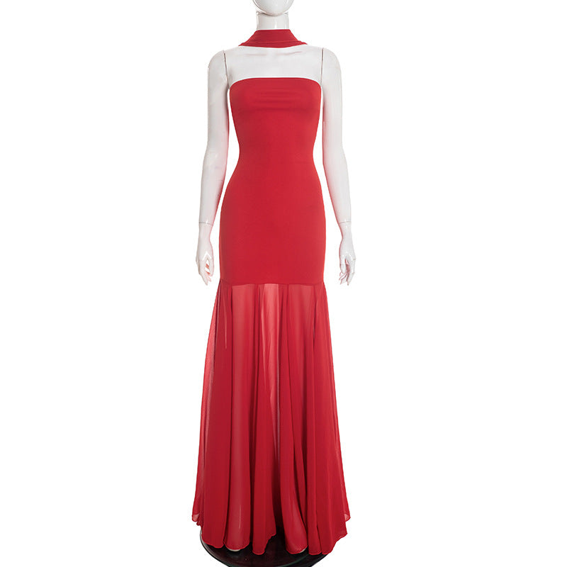 Women Clothing Autumn Winter Solid Color Elegant Sleeveless Chiffon Stitching Tube Top Ribbon Maxi Dress by Ragazza