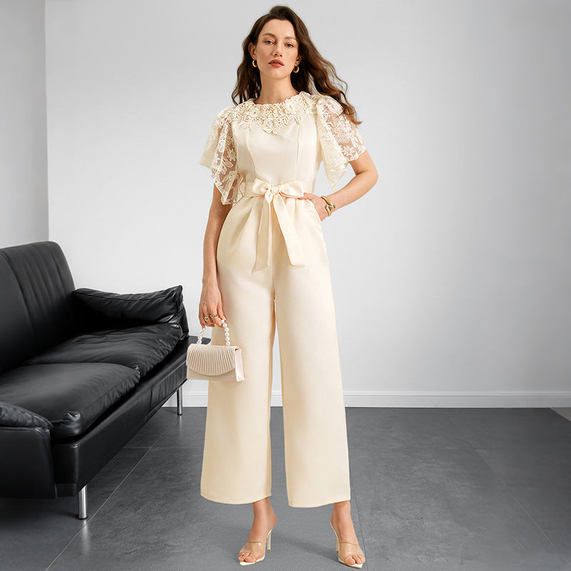 Women Clothing Elegant Summer Stitching Lace Short Sleeve Tied High Waist Straight Jumpsuit by Ragazza