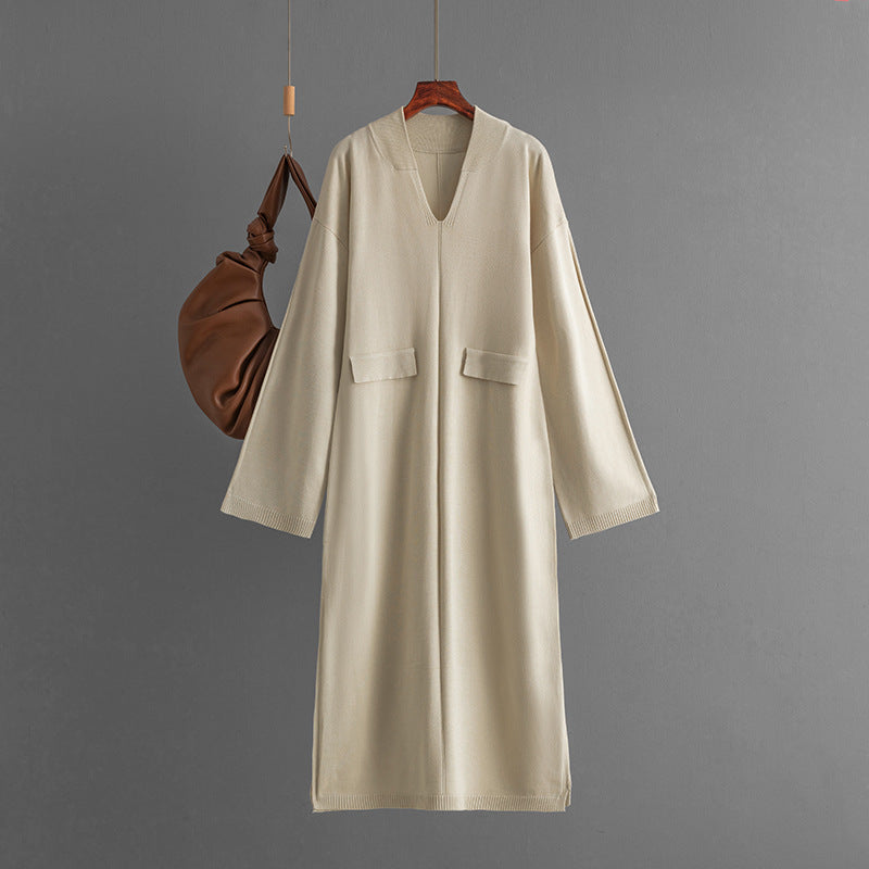 Autumn Winter V neck Solid Color Casual Loose Knitted Dress Split Long Sleeve Long Dress  DestGlow