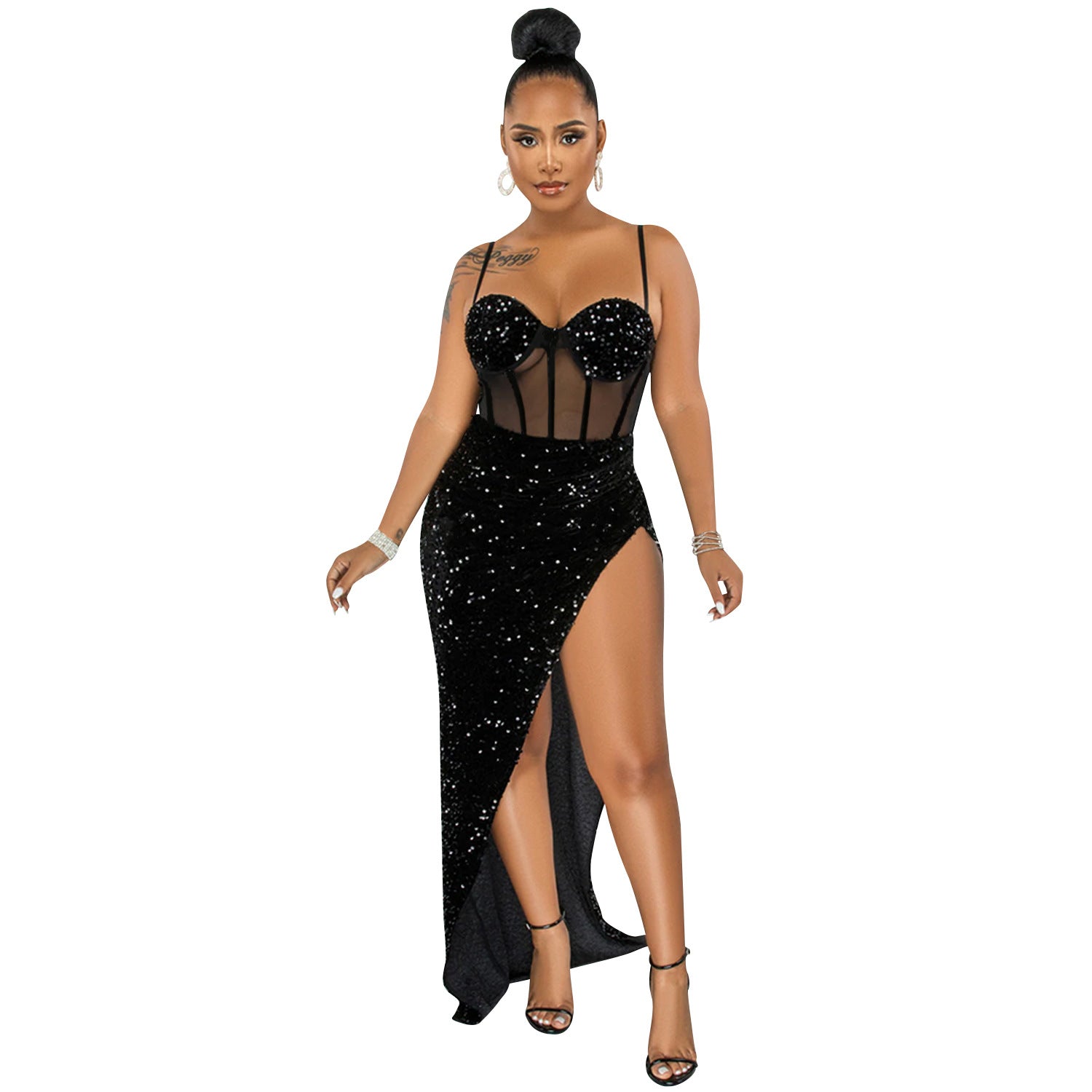 Suspenders Sequin Mesh See through Irregular Asymmetric Slit Dress Women by Ragazza