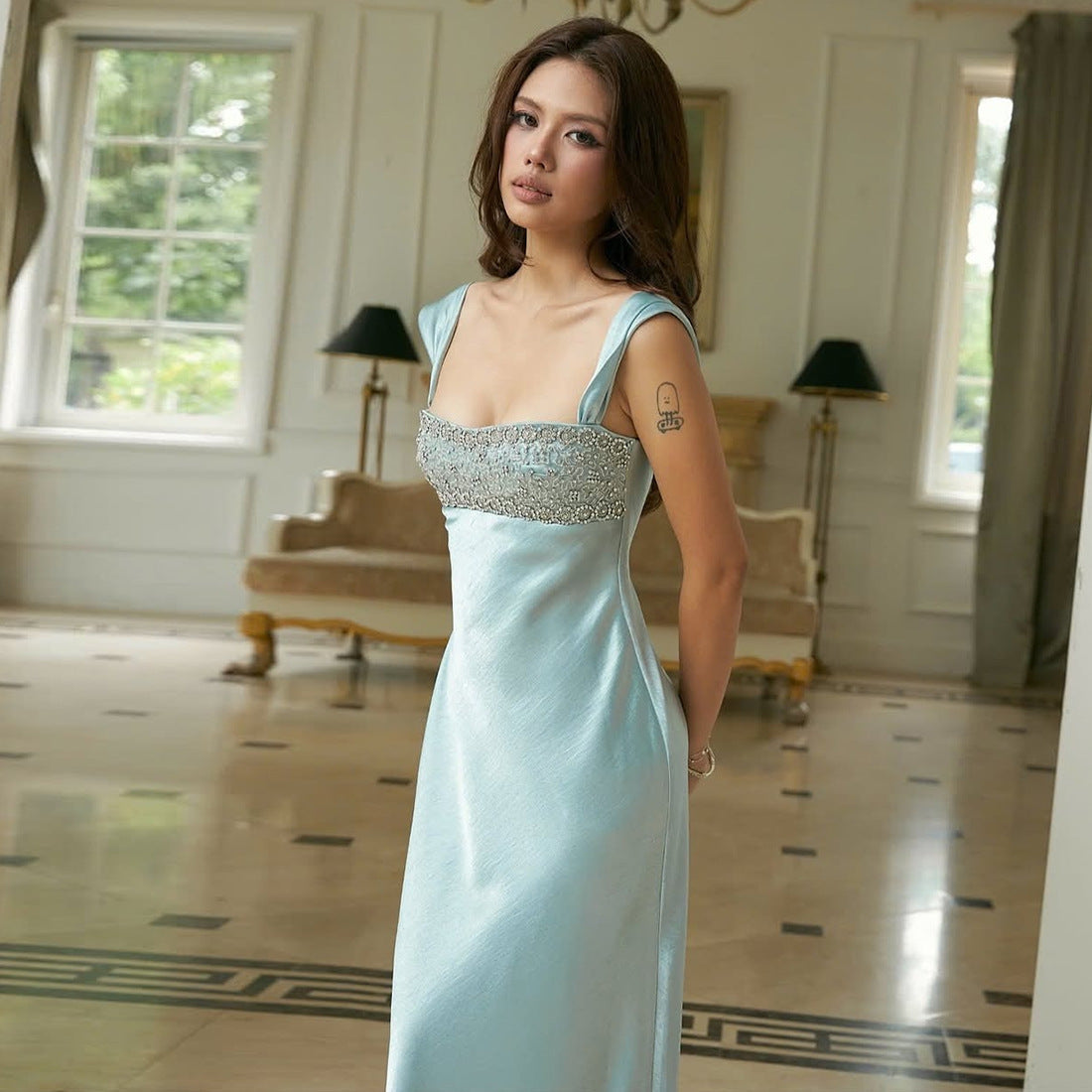 Autumn Winter Women Elegant Strap Tube Top Backless Rhinestone Waist Tight Maxi Dress for Women by Ragazza
