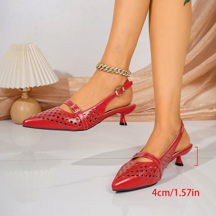 Ankle Strap Buckle Pointed Toe Mid Heel Sandals Women Hollowed Toe Box Back Air Breathable Shoes  DestGlow