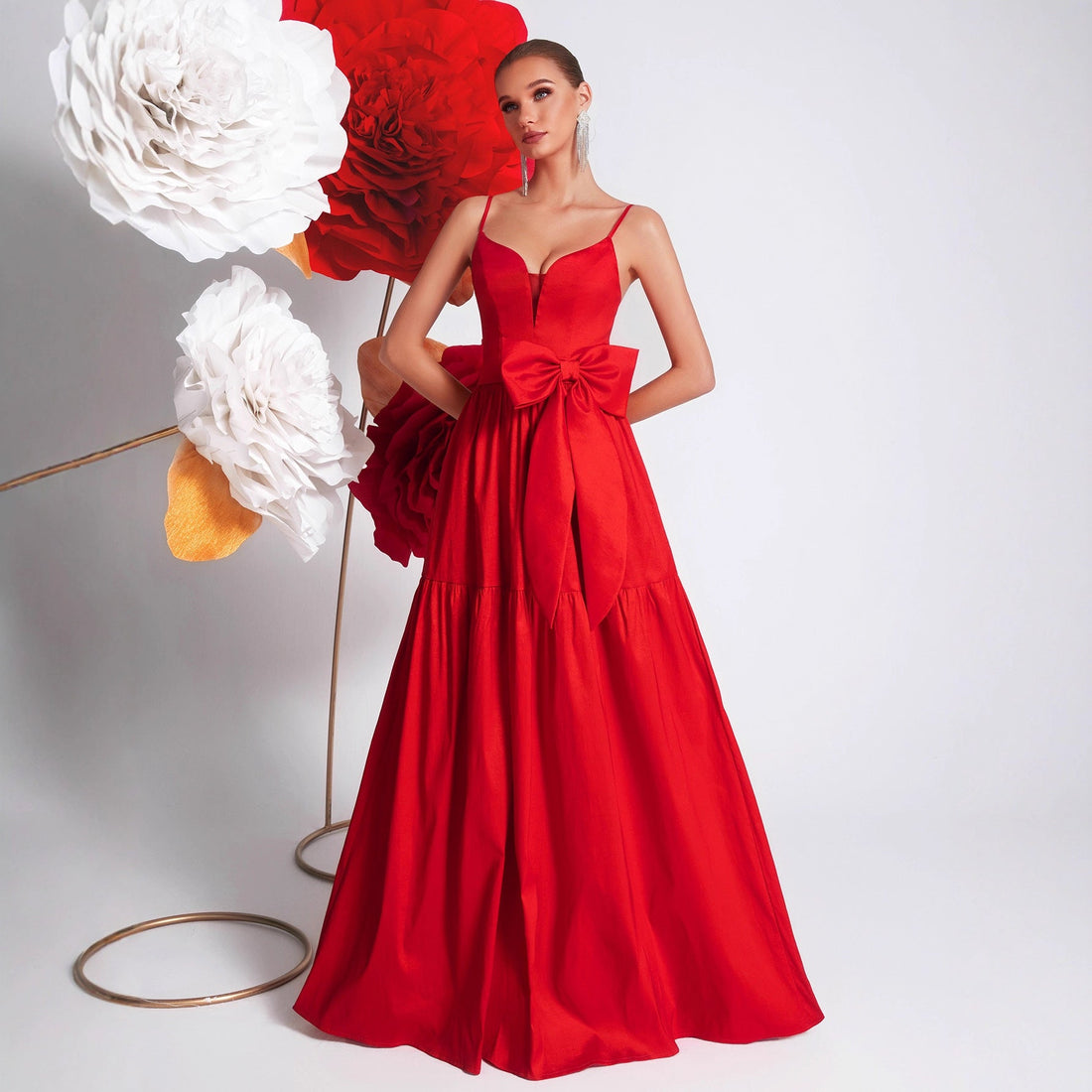 Big Bowknot Red Slip Dress Deep V Plunge Waist Tight Socialite Light Luxury Cocktail Party Evening Dress by Ragazza