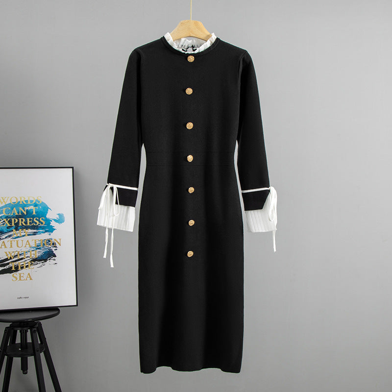 Autumn Hepburn Graceful Stand Collar Long Sleeve Chiffon Patchwork Dress Slim Fit Slimming Knitted Midi Dress  DestGlow
