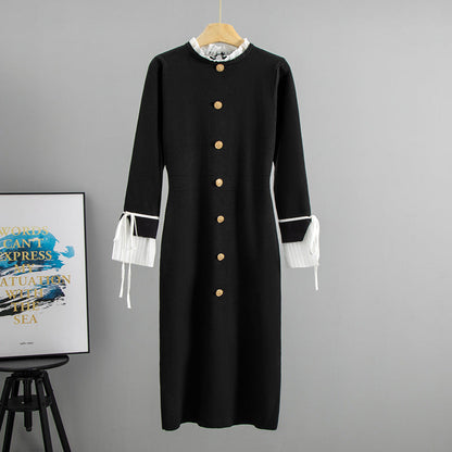 Autumn Hepburn Graceful Stand Collar Long Sleeve Chiffon Patchwork Dress Slim Fit Slimming Knitted Midi Dress  DestGlow