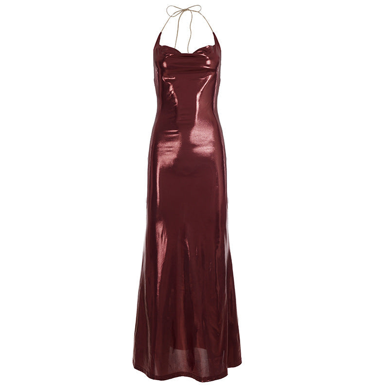 Sexy Elegant Retro Halter Sheath Dress Thin Flash Pleated Backless Solid Color Swing Collar Dress by Ragazza