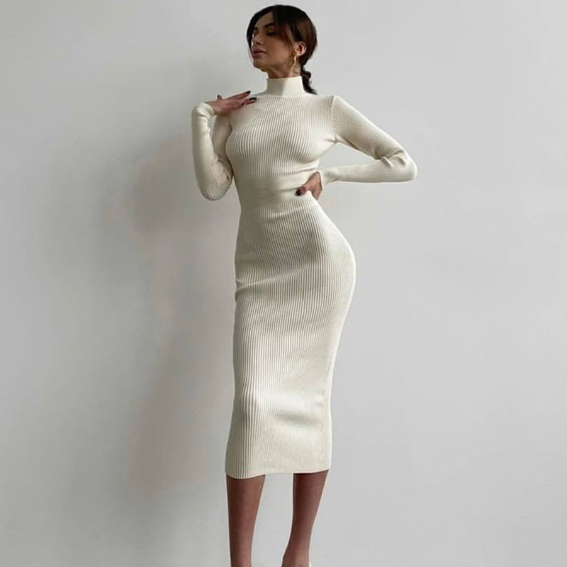 High Collar Mid Length Sunken Stripe Knitted Dress Women Solid Color Wool Tight Sexy Autumn Winter Dress by Ragazza