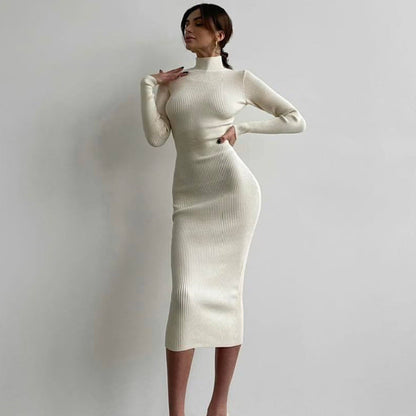 High Collar Mid Length Sunken Stripe Knitted Dress Women Solid Color Wool Tight Sexy Autumn Winter Dress by Ragazza