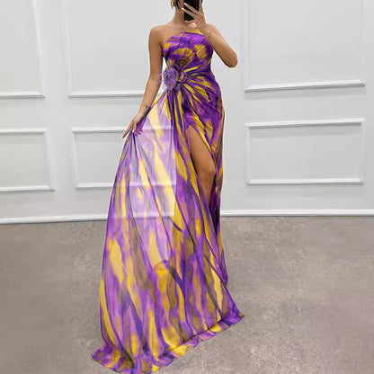 Chiffon Floral Print Slit Dress Casual Party Long Women Clothing Dress by Ragazza