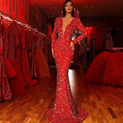 Spring Women Clothing Sheath Dress Fishtail Edge Red Paillette Long Sleeve V neck Dress by Ragazza