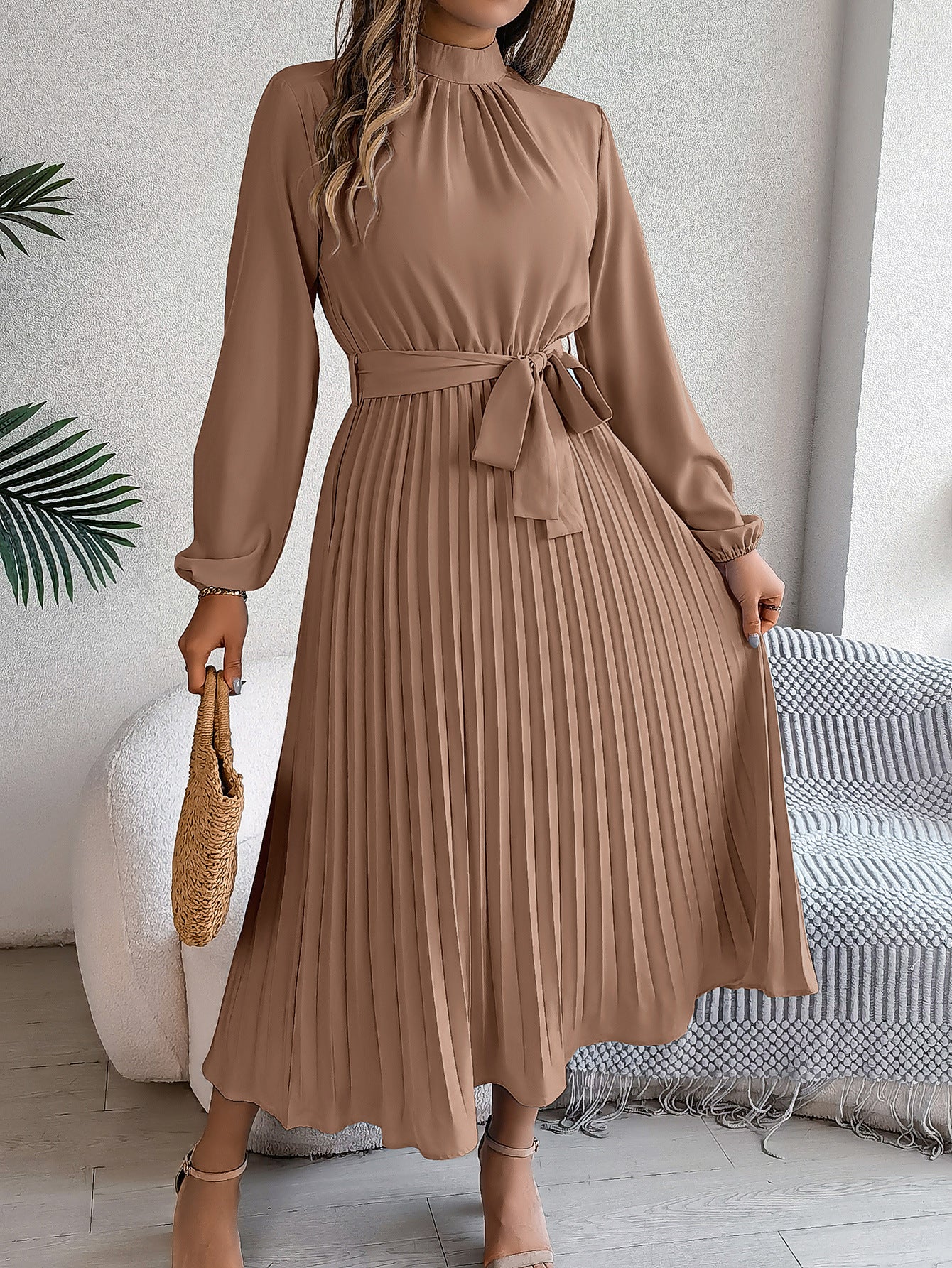 Autumn Winter Elegant Stand Collar Long Sleeve Cinched Pleated Maxi Dress Small Dress Women Clothing  DestGlow