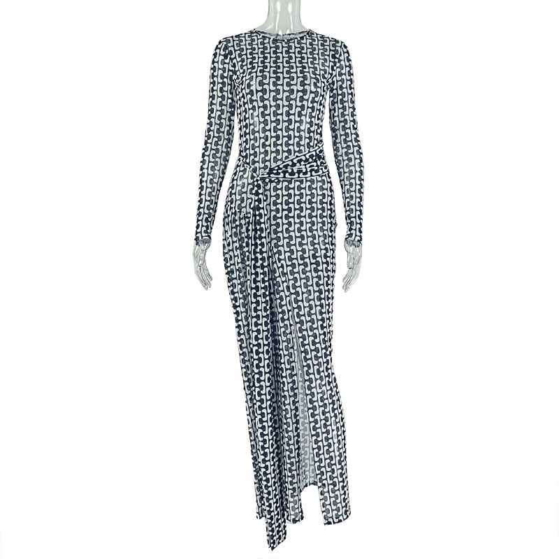 Women Split Slightly Transparent Waist Hip Dress Printed Turtleneck Long Sleeve Dress by Ragazza
