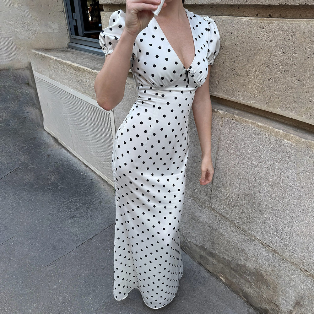 V neck Waist-Controlled Lace up Puff Sleeve Polka Dot Elegant Sexy Slim Dress Maxi Dress by Ragazza