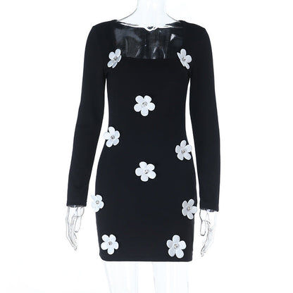 Autumn Winter Type Hip Sexy Three Dimensional Floral Long Sleeve Dress  DestGlow