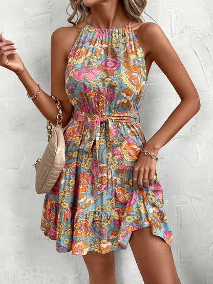 Women Spring Summer Dress Women Lace Printing Sling Mid Length Dress by Ragazza