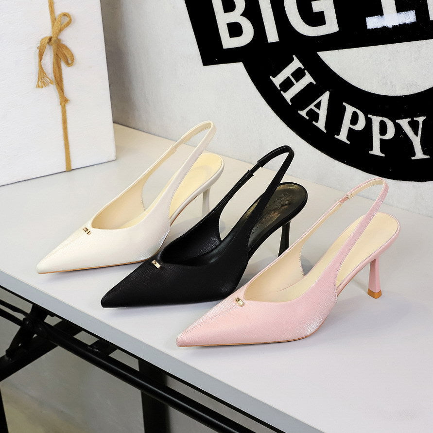 French Sweet Metal Decoration Pointed Toe Shallow Mouth V Buckle Back Empty Back Strap Stiletto Heel High Heels for Women