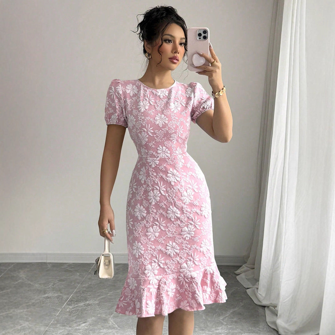 Summer Package Hip Fishtail Dress Office Printing round Neck Dress by Ragazza