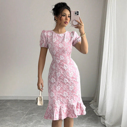 Summer Package Hip Fishtail Dress Office Printing round Neck Dress by Ragazza